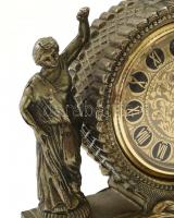 Japán asztali óra, mechanikus szerkezettel, működik, bronz, figurális tokban, kopott, m: 15 cm