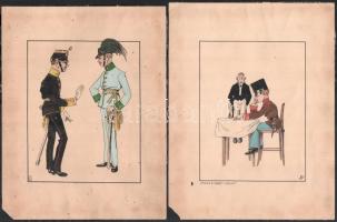 ID jelzéssel: 2 db humoros k.u.k. katona rajz. Akvarell, papír. 37x14 cm