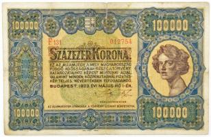 1923. 100.000K "F131 012754" sorszámmal "Orell Füssli Zürich" T:III,III- szakadás, ly. / Hungary 1923. 100.000 Korona with "F131 012754" serial number "Orell Füssli Zürich" C:F,VG tear, hole Adamo K46