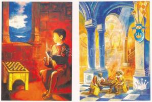 5 db MODERN Caissa Kft. sakk motívumlap: Badacsonyi Sándor festményei / 5 modern chess motive postca...