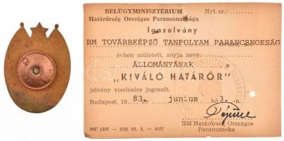 ~1970. "Kiváló Határőr" aranyozott, zománcozott jelvény, csavaros hátlappal, viselői igazo...