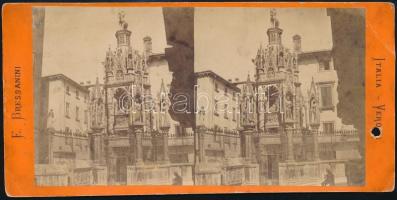 cca 1890-1900 A veronai Scaligeri síremlék keményhátú sztereófotója, Verona, E. Bressanini, lyukas, 8x17 cm