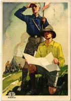 1934 Cserkészek! Indanthren textil festék reklámlap cserkészekkel, mosás és időjárásálló viselet / Hungarian textile paint advertisement card, boy scouts, artist signed (EK)