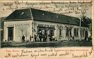 1907 Kevevára, Temeskubin, Kovin; Hübschsches Haus, Bahnhofgasse / Vasút utca, Johann Hübsch háza és üzlete / street view, house and shop of Hübsch