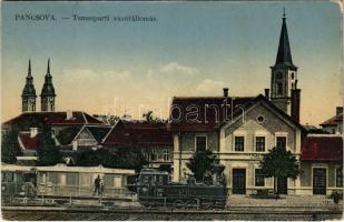 1913 Pancsova, Pancevo; Temesquai Bahnhof / Temes-parti vasútállomás, gőzmozdony, vonat. Kohn Samu kiadása / Timis riverside railway station, train, locomotive (EK)