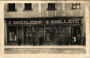 Versec, Vrsac; Magistratsgebäude / Városháza, S. Nikolajevic üzlete, szerb katonák / town hall, shop of S. Nikolajevic, Serbian soldiers (EB)