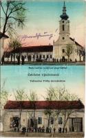 1918 Újszivác, Novi Sivac (Szivác, Sivac); Református templom és paplak, Vollweiter Fülöp üzlete. Weiser A. fényképész / Calvinist church and rectory, shop of Vollweiter