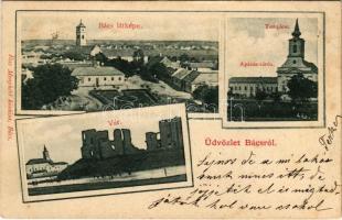 1900 Bács, Batsch, Bac; látkép, templom, apácazárda, vár. Risz Menyhért kiadása / general view, church, nunnery, castle ruins (fa)
