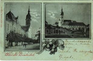 1898 (Vorläufer) Zombor, Sombor; utca, templom, Sztrilich Zsigmond üzlete, piac. Schön Adolf kiadása / street view, church, shop, market (fl)