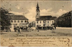 1905 Zombor, Sombor; Szent György tér, Görögkeleti (ortodox) szerb templom, Kovacsits Radivoj üzlete / square, street view, Serbian Orthodox church, shop (EK)