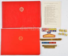 Vegyes szocialista tétel: vállap csillag (6x) + összefűzött szalagsáv és tű (4x) + "Országház" aranyozott, festett fém jelvény (79x25mm) + 2db üres műbőr tok adományozói iratokhoz + Kitüntetések viselési sorrendjét bemutató lista T:vegyes