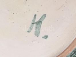 H (?) jelzéssel retró mázas kerámia fali tál, kis kopásnyomokkal, d: 29 cm