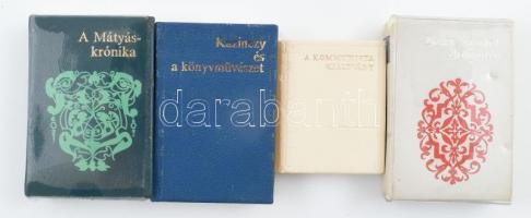 4 db minikönyv - A Mátyás-krónika, Kazinczy és a könyvművészet, A kommunista kiáltvány, Nagy Sándor dolgairól. Műbőr kötés, változó állapotban.