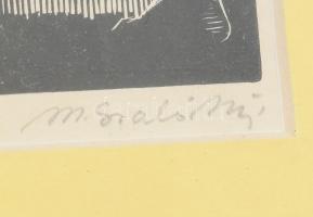 Mözsi Szabó István (1927- ): Kévét szedő.. Linómetszet, papír, jelzett, üvegezett fa keretben, 8x7 c...