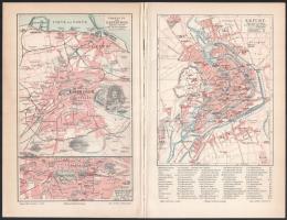 cca 1890-1900 össz. 40 db különféle témájú térkép a Pallas Nagy Lexikonából és többségében a Meyer's Konversations Lexikonból, Erfurt, Edinburgh, Düsseldorf, Drezda, stb. térképekkel, néhány lap szélén szakadásokkal és apró foltokkal, 24x15-30 cm körüli méretben.