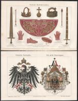 cca 1890 Deutsche Reichskleinodien (Német koronázási jelvények) Meyers lexikon (1894 - 1898) melléklete. 3db Színes krómlitográfia, papír. . 40x35 cm, zászlók és címerek 24x15cm