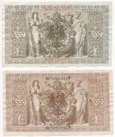 Német Birodalom 1910. 1000M zöld pecsét, hétjegyű sorszámmal + 1000M vörös pecsét, hétjegyű sorszámm...