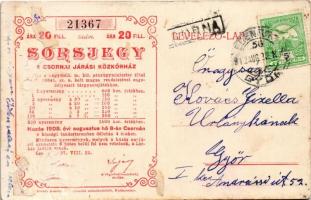 1912 Csorna, Vizitáló nagyurak a Korona vendéglőbe, népviselet. Hátoldalon sorsjegy a Csornai Járási...