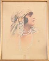 Petten Sándor (1887-1942): Art Deco női portré 1924. 38x29cm. Vegyes technika, selyem, jelzett, üvegezett dekoratív fakeretben,
