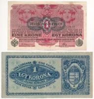 1916. 1K zöld "DEUTSCHÖSTERREICH" felülbélyegzéssel + 1917. 2K (3db, ebből 2db zöld "...