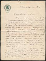 1941 Kolozsvár, Magyar Kir. Földművelésügyi Minisztérium fejléces levélpapírjára írt személyes hangvételű levél