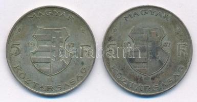 1947. 5Ft Ag "Kossuth" (2x) T:3 patina 
Adamo F8.1