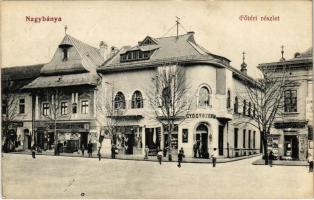 1914 Nagybánya, Baia Mare; Fő tér, Gyógyszertár, Frankovits Aladár üzlete és saját kiadása / main square, pharmacy, publisher's shop