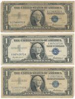 Amerikai Egyesült Államok 1957-1961. (1957) 1$ Silver Certificate - kisméretű, kék pecsét, Ivy Baker Priest - Robert B. Anderson (3x) T:III,III- USA 1957-1961. (1957) 1 Dollar Silver Certificate - Small size, blue seal, Ivy Baker Priest - Robert B. Anderson (3x) C:F,VG Krause 419.