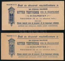Ritter Testvérek órák és ékszerek Budapest 2 db reklámcédula, hajtott, kis szakadással