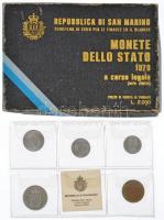 San Marino 1979. 1L - 20L (5xklf) forgalmi sor emlékkiadásokból, eredeti tokban T:1 patina, sérült tok San Marino 1979. 1 Lira - 20 Lire (5xdiff) circulating commemorative coin set in original case C:UNC patina, damaged hardcase