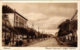 Kapuvár, Kossuth Lajos utca a polgári iskolával. Buxbaum Kálmán kiadása