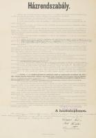 1898 Az Esztergomi Takarékpénztár Rt. Lőrincz utcai bérháza házrendszabálya kézi kiegészítésekkel és a bérlők saját kezű aláírásával, hajtva, jó állapotban, 42×30 cm
