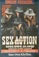 1992 Sex Action rock együttes 2 db koncert plakátja, az egyiken az együttes tagjainak autográf aláírásával, feltekerve, kissé gyűrött, 64x44 cm
