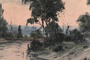 Olvashatatlan jelzéssel: Folyópartitanya. Olaj, farost, sérült keretben, 56x77cm