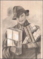 Jelzés nélkü: Art Deco nő. Ceruza, papír, javításokkal, vágott, gyűrődéssel, 40x30cm