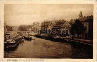 1929 Bydgoszcz, Bromberg; Widok z Mostu Bernardynskiego / port, barges