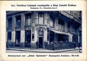 1934 Budapest V. Özv. Verbőczi Lajosné vendéglője a Régi Zenélő Órához, sörcsarnok. Városház utca 3. / Restaurant Zur Alten Spieluhr (EK)