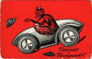 Üdvözlet a Krampusztól! autó / Krampus driving an automobile (kopott sarkak / worn corners)