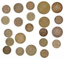 22 db vegyes külföldi érmetétel, nagyrészt Ag, közte Svájc 1898B 20R Ni + 1920-1965. 1/2Fr - 2Fr Ag ...