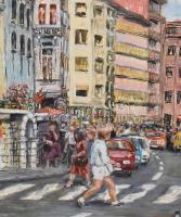 Kovács Ernő ( - ): Batthiány tér 1989. Olaj, farost, kopott keretben, 70x50cm