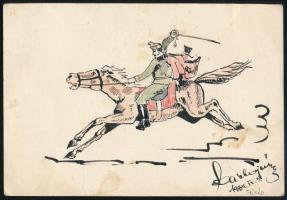 Laicha Jenő (?-? ): Huszár lovon, 1934. Vegyes technika, papír. Jelzett. Kissé foltos. 15X10,5cm