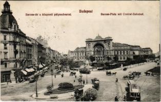 1910 Budapest VII. Baross tér és központi (keleti) pályaudvar, villamosok, takarékpénztár, fogorvos