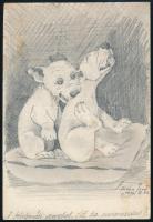 Laicha Jenő (?-? ): Kiskutyák (felebaráti szeretet), 1934. Ceruza, papír. Jelzett. Kissé foltos. 15X10,5cm