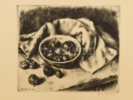Kiss Terézia (1928- ): Gyümölcs csendélet, rézkarc, papír, jelzett, feltekerve, 24,5x29 cm