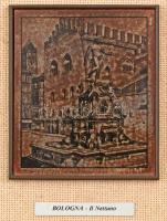 Bologna - Il Nettuno, olasz falikép dekoratív keretben, hátoldalán etikettel jelzett, 7x6 cm, külső méret: 18x17,5 cm