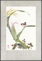 cca 1950-60 Liu Tzu-chiu: Madár virágon. Nyomat, papír, teljes méret: 38,5x26,5cm