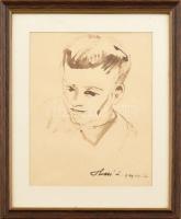 Holló László (1887-1976): Fiú portré tanulmány, 1944. Tus, papír, jelzett, üvegezett fa keretben, 21×17,5 cm