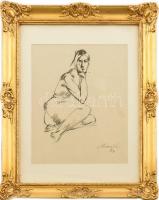 Holló László (1887-1976): Nő tanulmány, 1929. Szén, papír, jelzett, üvegezett fa keretben, 29x23 cm