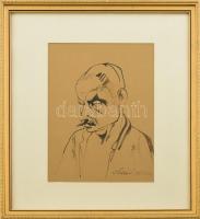 Holló László (1887-1976): Férfi portré tanulmány, 1947. Tus, papír, jelzett, üvegezett fa keretben, 29x22 cm