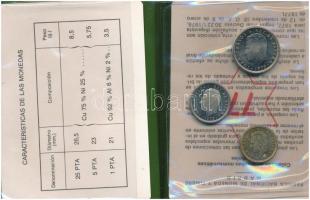 Spanyolország 1975. (1977.) 1P-25P (3xklf) forgalmi szett tanúsítvánnyal, leírással, eredeti műanyag tokban T:BU ujjlenyomat, patina  Spain 1975. (1977.) 1 Peseta - 25 Pesetas (3xdiff) coin set with certification, description, in original plastic case C:BU fingerprints, patina